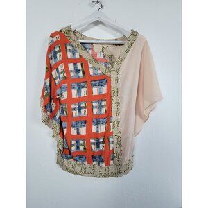 Vanessa Virginia Womens Mixed Print Sheer Kimono Sleeve Top Blouse Medium Multi